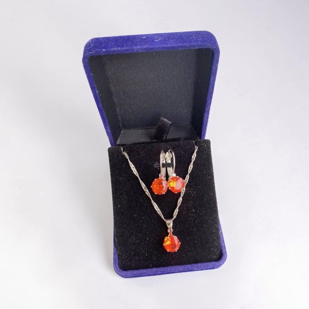 NWOT Orange Crystal Necklace & Earrings Silver Tone Jewelry Set